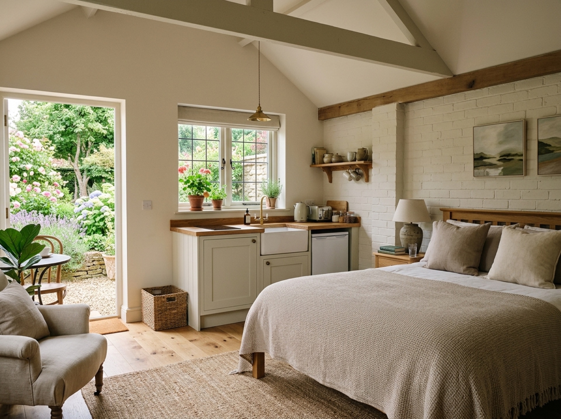 Converted garage fitted out as an annexe bedroom with a kitchenette