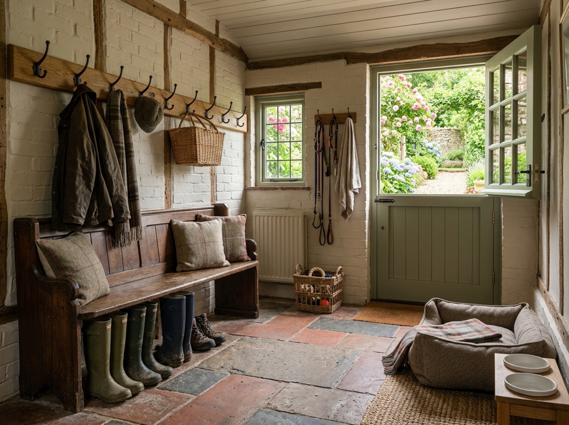 Converted garage used as a boot room with a bench and stable door