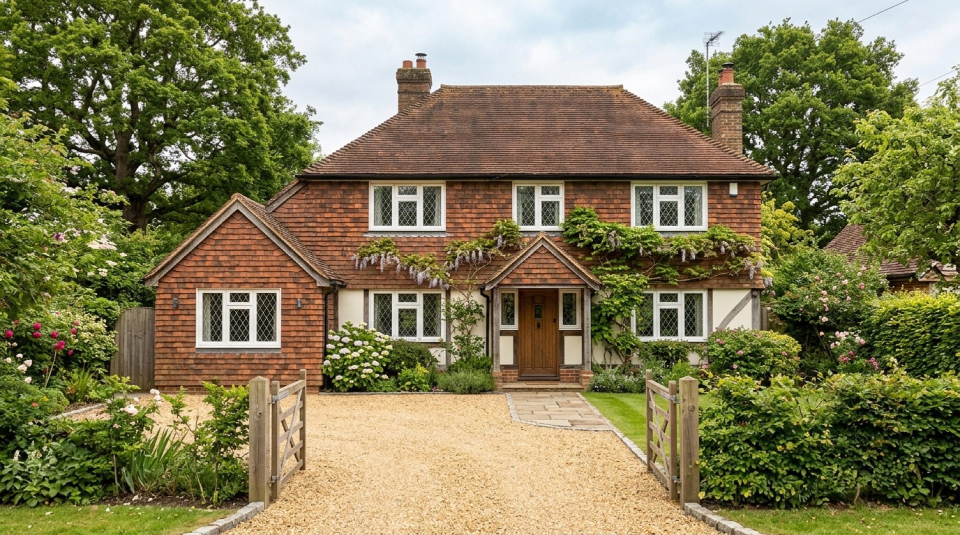 Tile-hung village house whose single garage has been converted into a room with a casement window