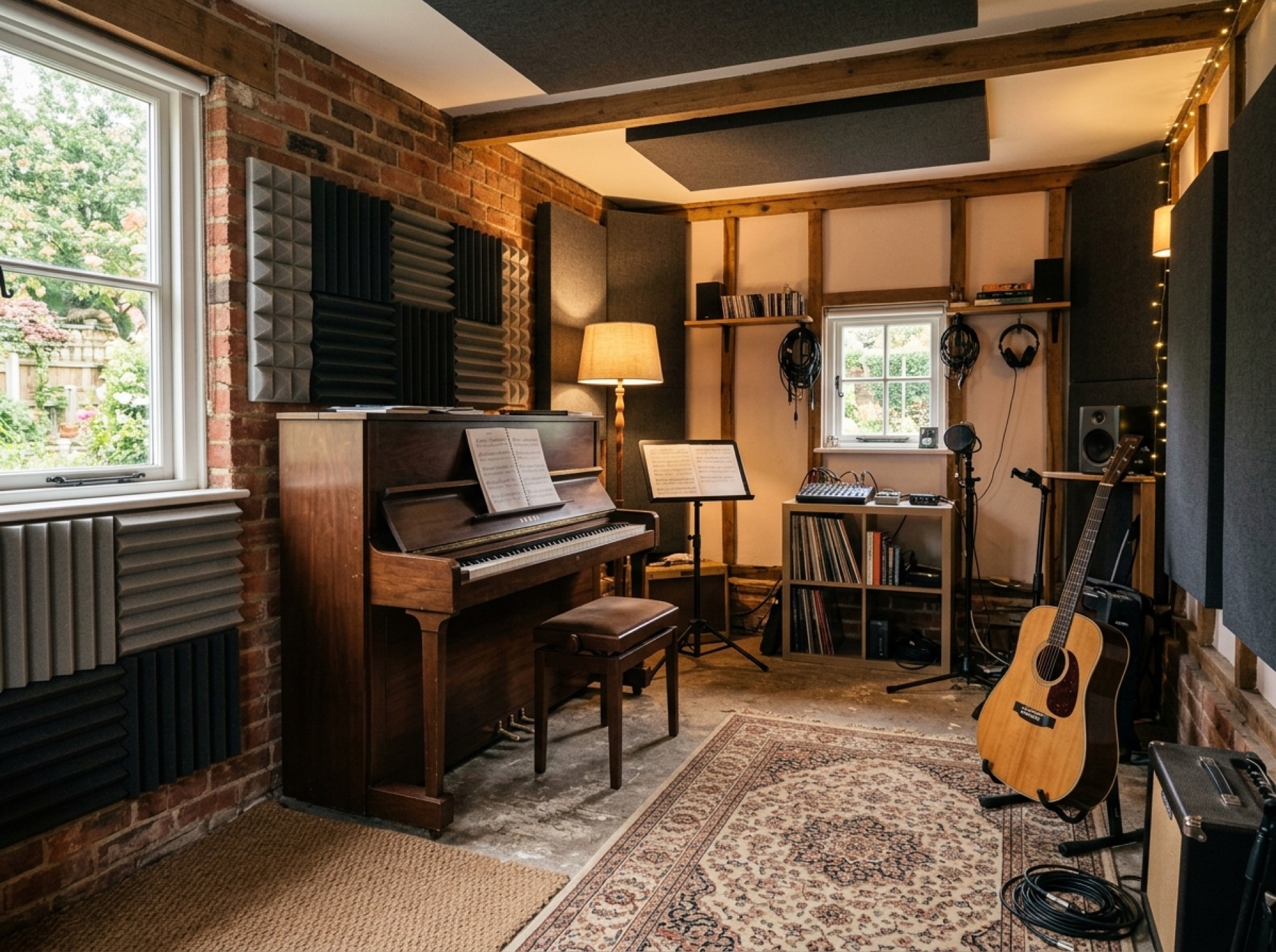 Converted garage used as a music practice room with a piano