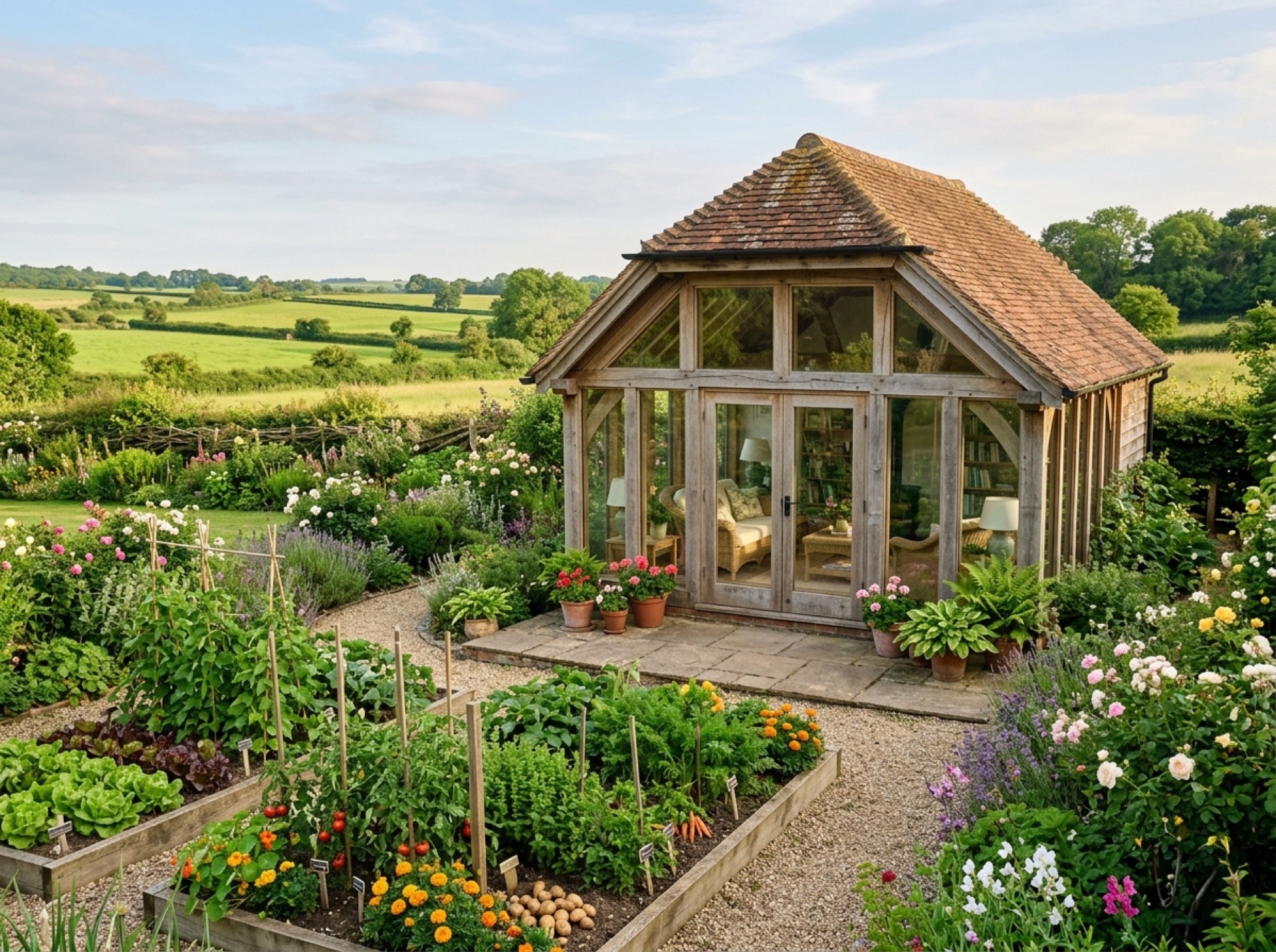 Oak-framed garden room in a large rural garden with fields beyond