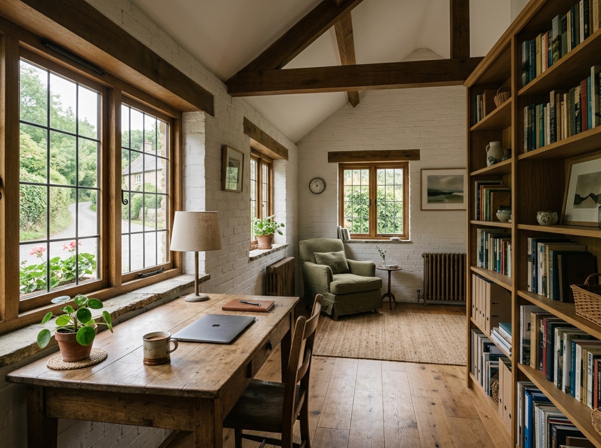 Converted garage used as a home office overlooking a rural lane